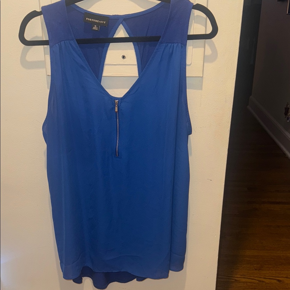 Blue V-Neck Tank Top with Zipper by Fortune + Ivy